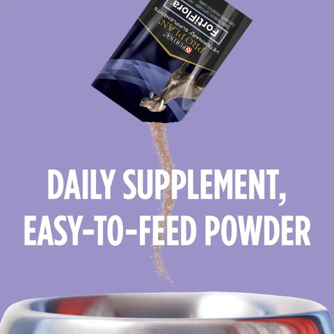 Pouring a daily sachet of Purina FortiFlora easy-to-feed probiotic powder supplement over a dog's food bowl.