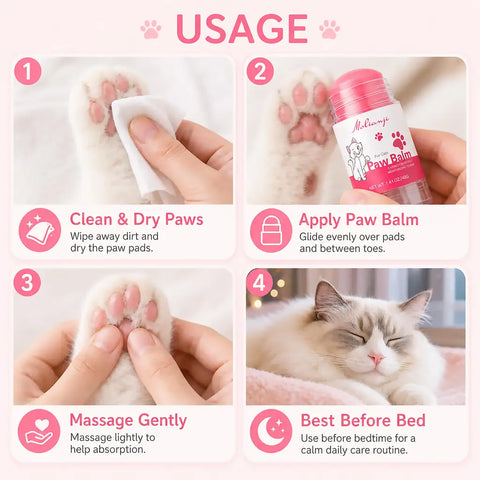 Guide on cleaning, applying, and massaging pink paw balm onto a cat's paw pads before bedtime.