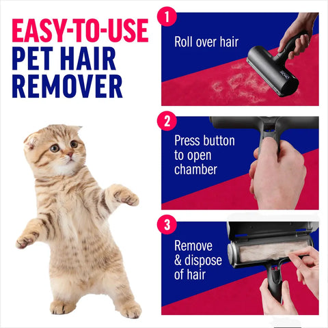 Step-by-step instruction guide showing how to roll, open, and clean pet hair with the ChomChom Roller.