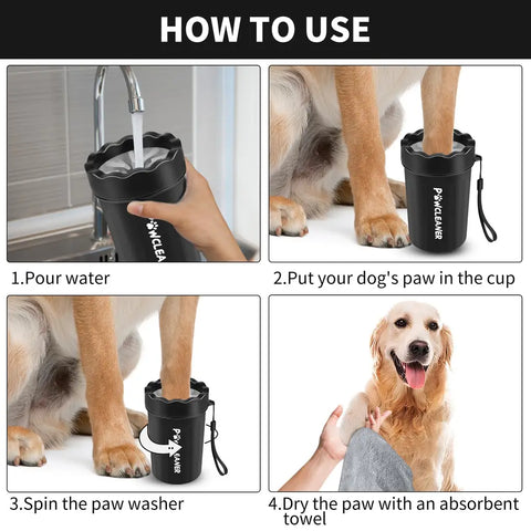 4-step instructional guide on how to use a silicone dog paw cleaner cup and dry paws with a towel.