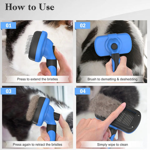 Infographic showing four steps to use a self-cleaning pet brush: extend bristles, groom, retract, and wipe clean.