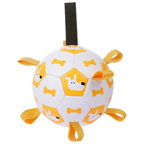 Inflatable dog football toy with a classic bone print pattern for outdoor fetch and teething