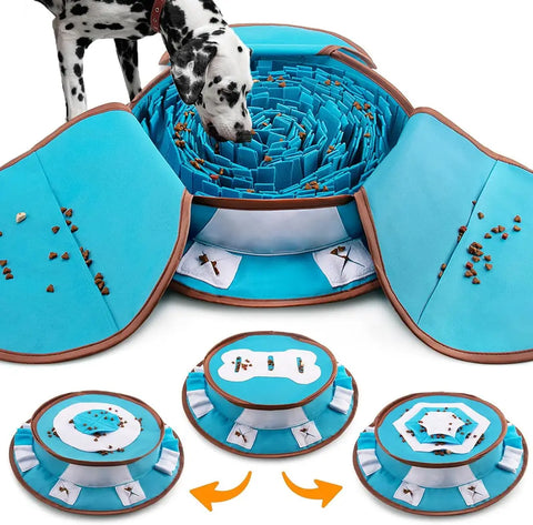 Blue interactive dog snuffle mat with treat flaps and puzzle compartments shown with Dalmatian.