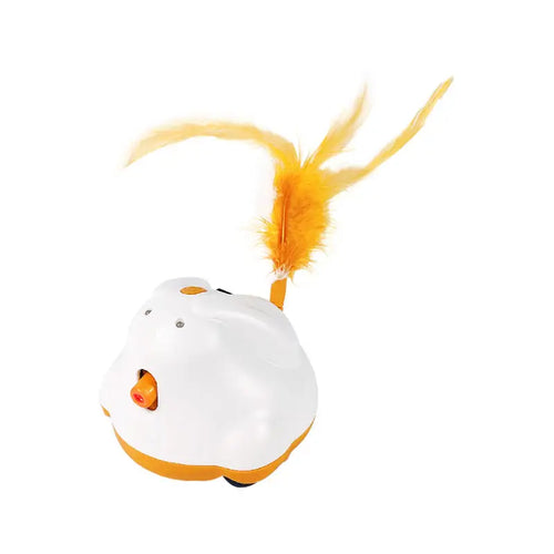 Interactive laser cat toy with a blue base and orange feather on a white background