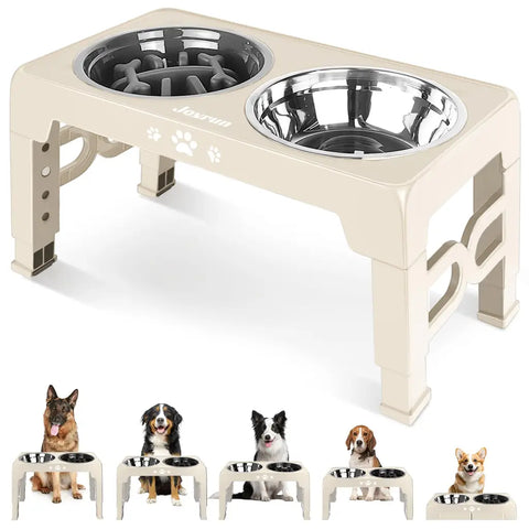 Beige elevated dog bowl stand showing height versatility for different breeds like Beagles and Labradors.