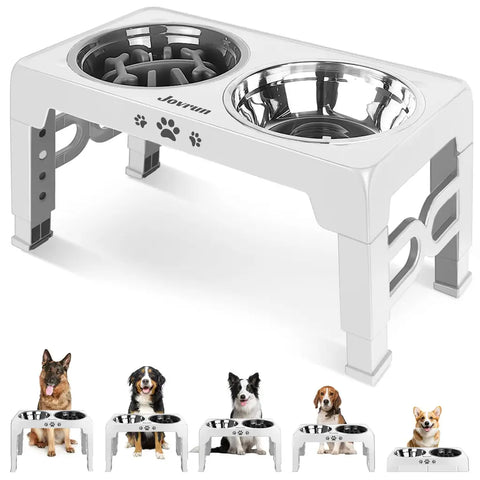 White adjustable elevated dog bowl stand suitable for multiple dog sizes from Corgis to German Shepherds.