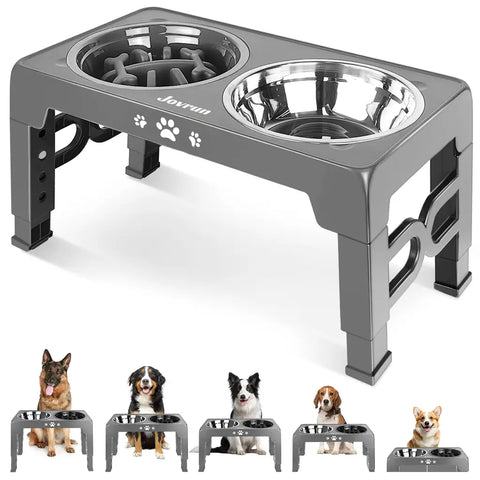 Grey elevated pet feeder station with dual bowls and adjustable height legs for growing dogs.