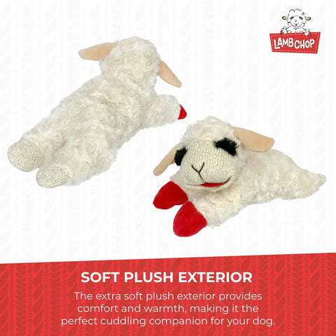 Close up of the extra soft plush exterior of the Lamb Chop dog toy showing texture.