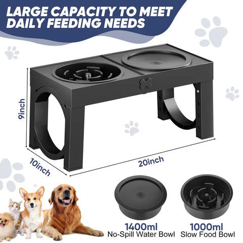 Dimensions for 20 inch wide elevated feeder showing 1400ml water bowl and 1000ml slow feeder