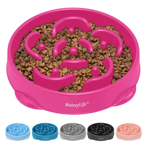 Large pink maze-style dog bowl filled with dry kibble featuring small icons of other available colors.
