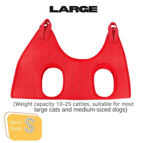Large red grooming hammock for cats and dogs on white background