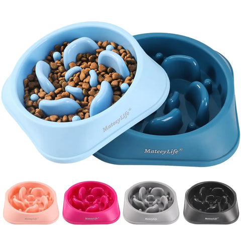 Two shades of blue MateeyLife slow feeder dog bowls shown together to highlight color options for pet owners.