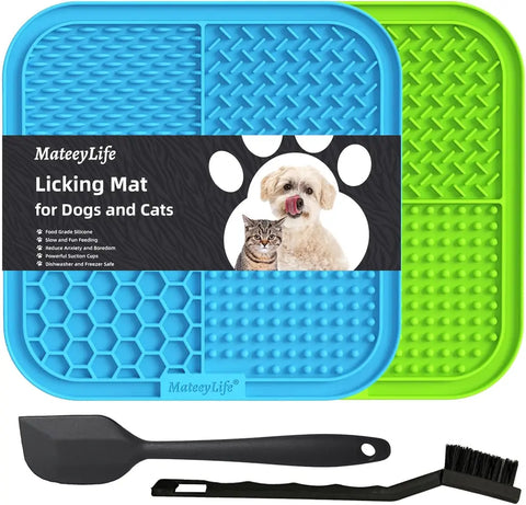 MateeyLife blue and green silicone licking mat for dogs and cats with black spatula and cleaning brush.