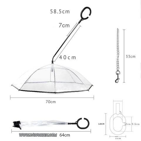 Measurement chart of an umbrella with various parts labeled.