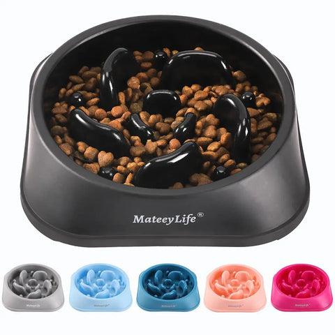 Medium-sized black maze dog bowl filled with kibble on a white background with color variety swatches.