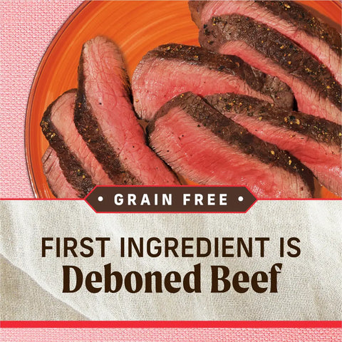 Slices of grilled deboned beef on a plate representing the first ingredient in grain free dog food.