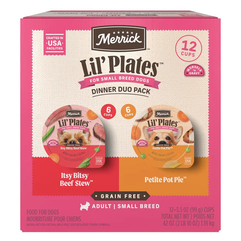 Merrick Lil Plates grain free small breed dog food Dinner Duo Pack with Itsy Bitsy Beef Stew and Petite Pot Pie flavors.