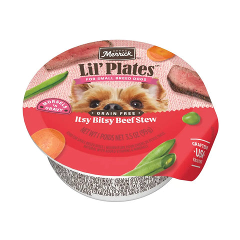 Single cup of Merrick Lil Plates grain free Itsy Bitsy Beef Stew small breed wet dog food with real beef chunks and gravy.