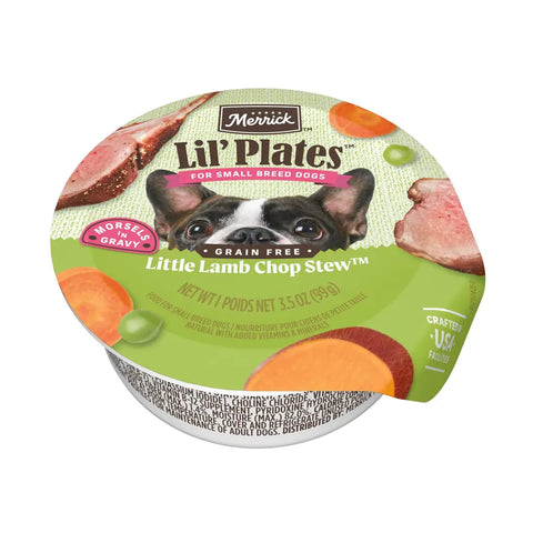 Single cup of Merrick Lil Plates grain free Little Lamb Chop Stew small breed wet dog food featuring a Boston Terrier.