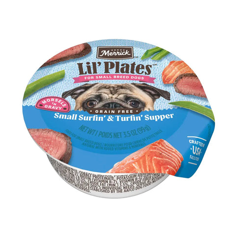 Single cup of Merrick Lil Plates grain free Small Surfin and Turfin Supper beef and salmon wet dog food for small breeds featuring a Pug.