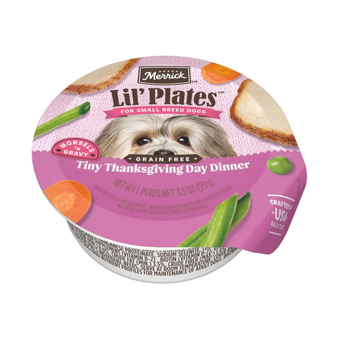 Single cup of Merrick Lil Plates grain free Tiny Thanksgiving Day Dinner morsels in gravy wet dog food for small breeds.
