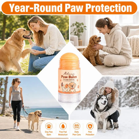 Molianji year-round paw protection balm stick for dogs and cats being applied in all weather conditions.