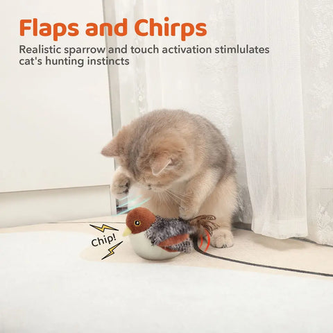 Kitten playing with touch-activated chirping sparrow cat toy