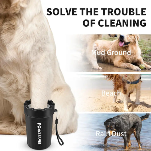 Dog paw cleaner cup effectively removing mud, sand, and dust from dirty paws after outdoor walks.