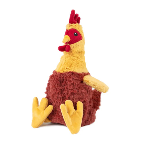 Yellow and maroon plush chicken dog toy sitting upright