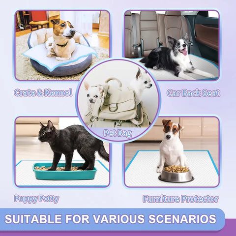 Grid showing versatile uses for pet training pads in a crate, pet bag, car back seat, puppy potty tray, and as a furniture protector.