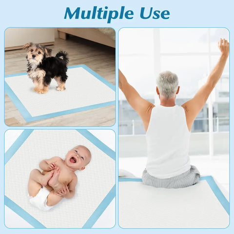 Multiple uses for disposable underpads including pet training, baby changing pad, and adult incontinence bed protection.