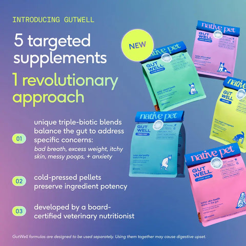 Collection of Native Pet GutWell supplements including Clean Breath, Stress Support, Power Poop, Slim Down, and Itchy Skin.