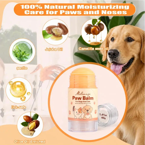 Organic ingredients diagram for pet paw balm including olive oil, jojoba oil, and camellia seed oil.