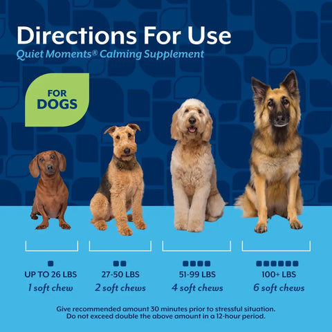 Feeding directions and dosage chart by dog weight for NaturVet Quiet Moments calming supplement soft chews.