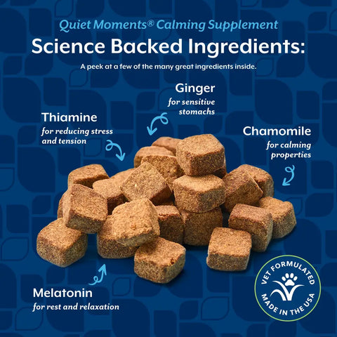 Close-up of NaturVet Quiet Moments soft chews highlighting key ingredients: Thiamine, Ginger, Chamomile, and Melatonin.