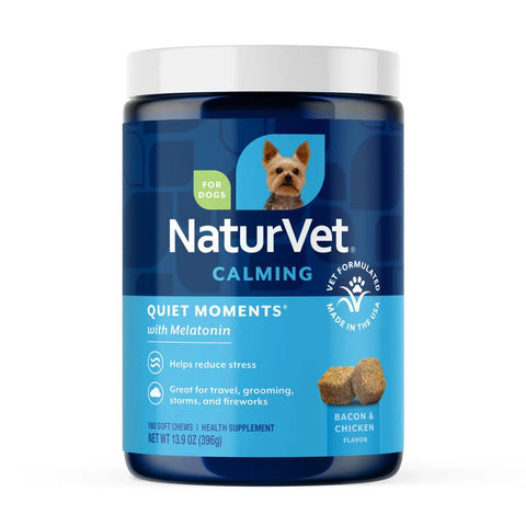 NaturVet Quiet Moments Calming Supplement for dogs, large 180 soft chews bacon and chicken flavor bottle.