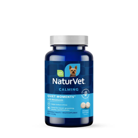 NaturVet Quiet Moments Calming Supplement 30 chewable tablets in peanut butter flavor front bottle view.