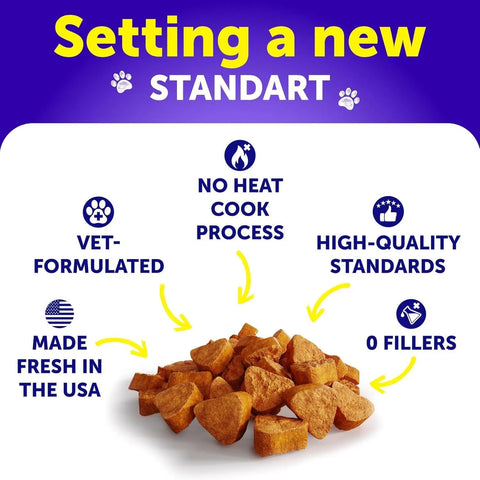 Pile of heart-shaped dog vitamin chews highlighting quality standards like no heat cook process, vet-formulated, and zero fillers.