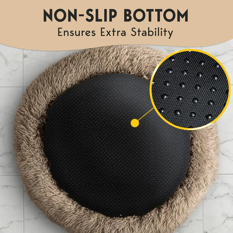Underside of a plush pet bed showing the non-slip anti-skid rubberized grips