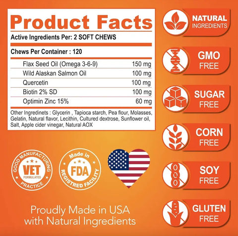 Omega-3 dog supplement facts label made in the USA.