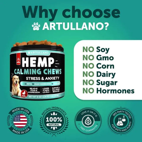Artullano Hemp Calming Chews safety features showing no soy, no GMO, no corn, no dairy, no sugar, and no hormones, made in USA.