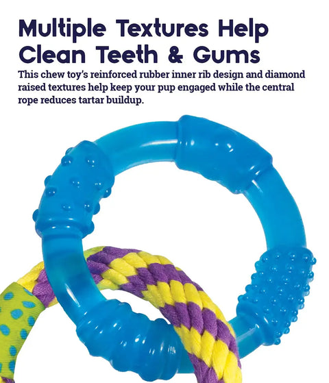 Close-up of blue Orka Dental Links showing reinforced rubber ribs and diamond textures for cleaning dog teeth.
