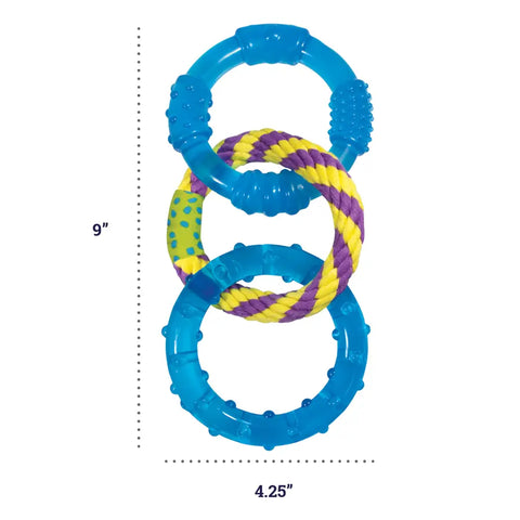 Vertical view of the three-ring Orka Dental Links toy showing 9-inch length and 4.25-inch width.