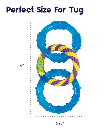 9-inch long and 4.25-inch wide Orka Dental Links dog toy with size measurements for tug-of-war.