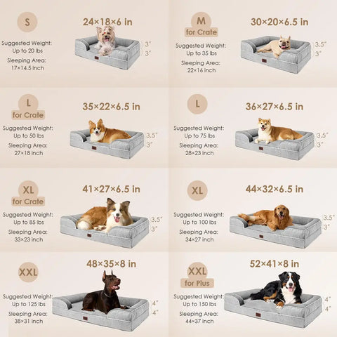 EHEYCIGA orthopedic dog bed size guide showing dimensions and dog weight capacity