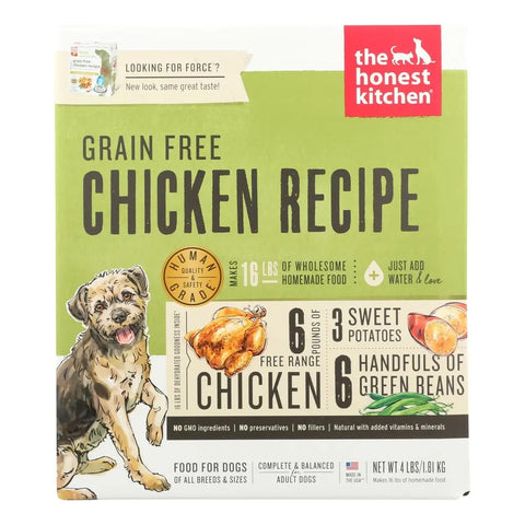 Package of 'The Honest Kitchen' grain-free chicken recipe dog food.