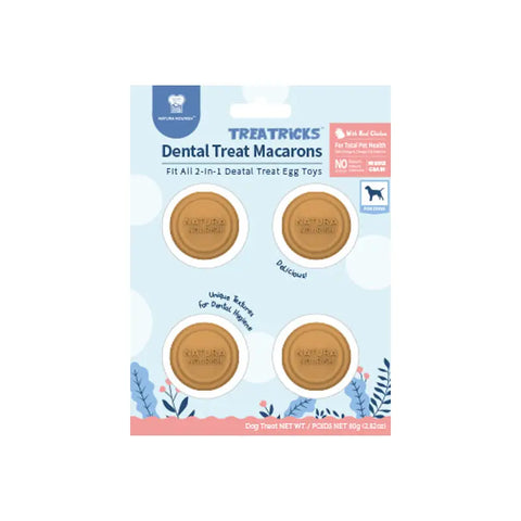 Packaged dog dental treat macarons on a blue background for dental health