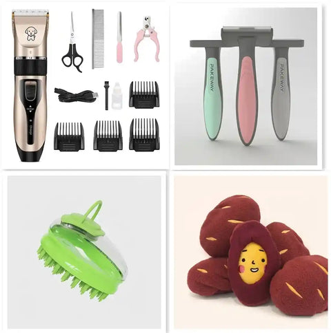 Pakeway pet deshedding brush shown alongside a cordless dog trimmer and grooming accessories.
