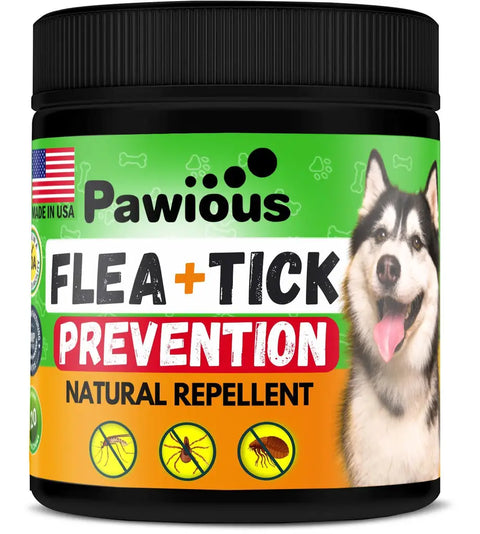 Pawious flea and tick prevention for dogs with colorful label.