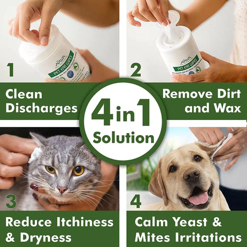 PawVortex 4-in-1 pet ear wipes packaging with dog and cat.